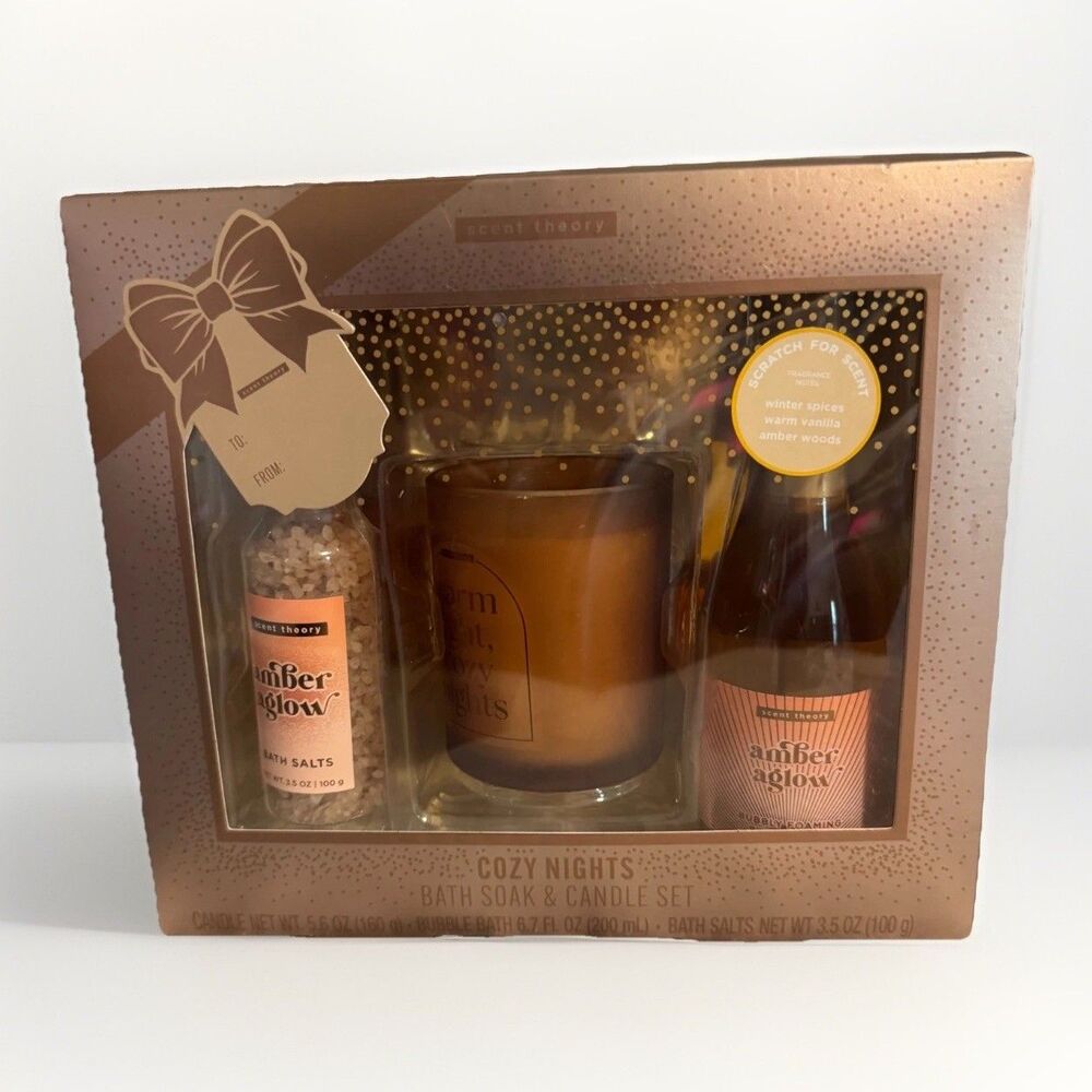 NEW Scent Theory Cozy Nights 3-Piece Bath Soak Salts & Candle Gift Set Holiday